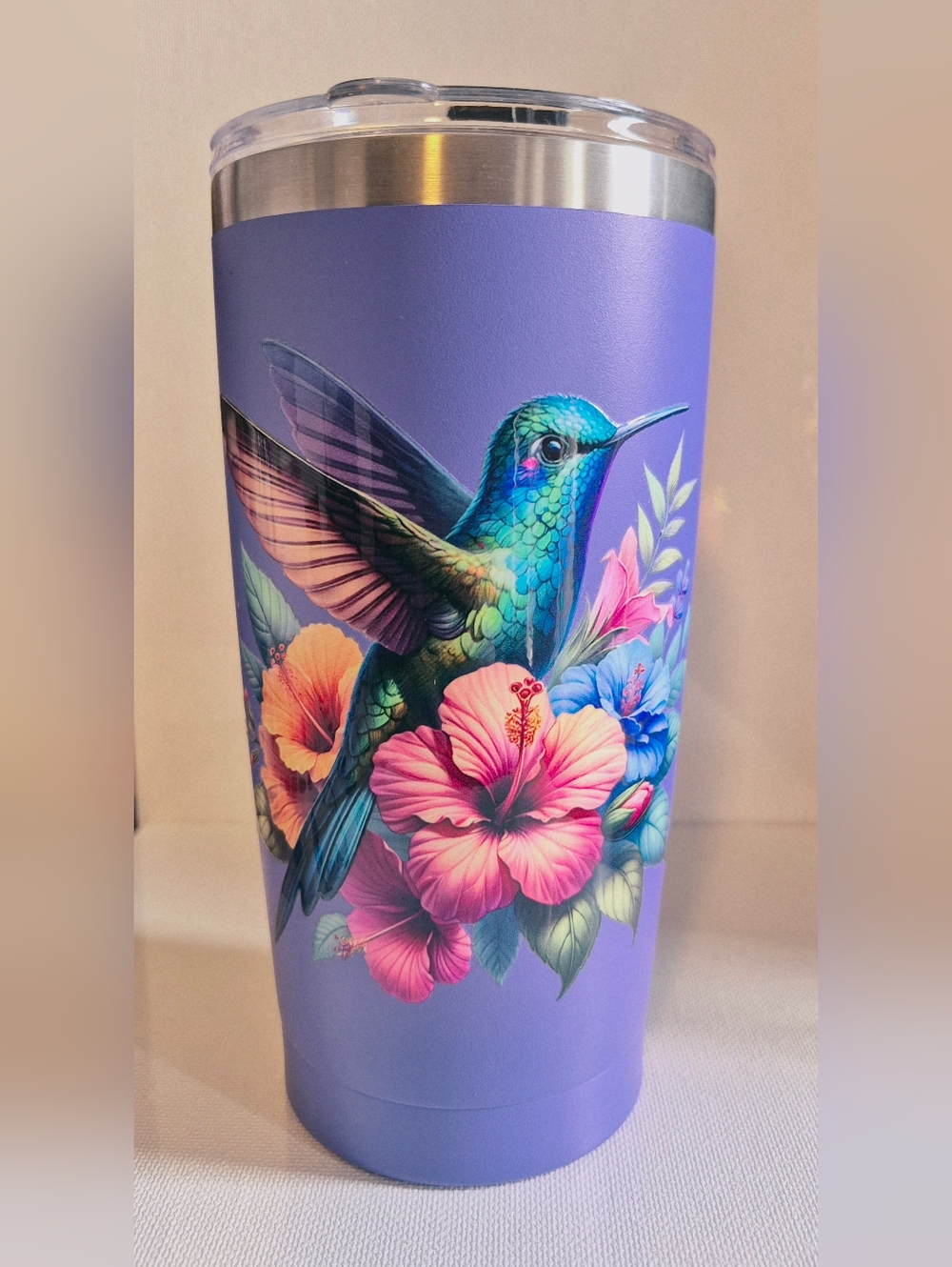 Purple Hummingbird Floral Travel Tumbler Mug 20 Oz Double Wall Stainless Steel